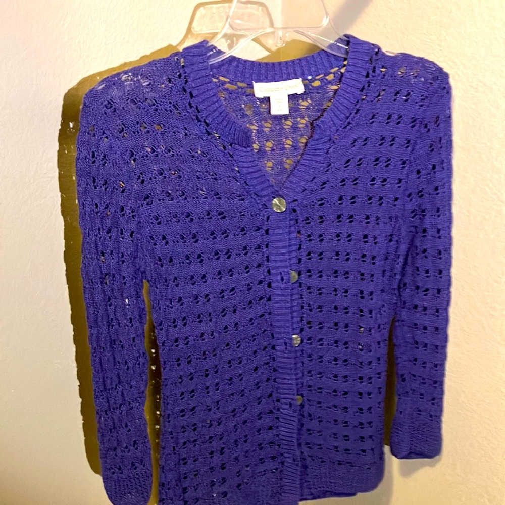 Purple sweater open weave. Cold Water Creek. Button front